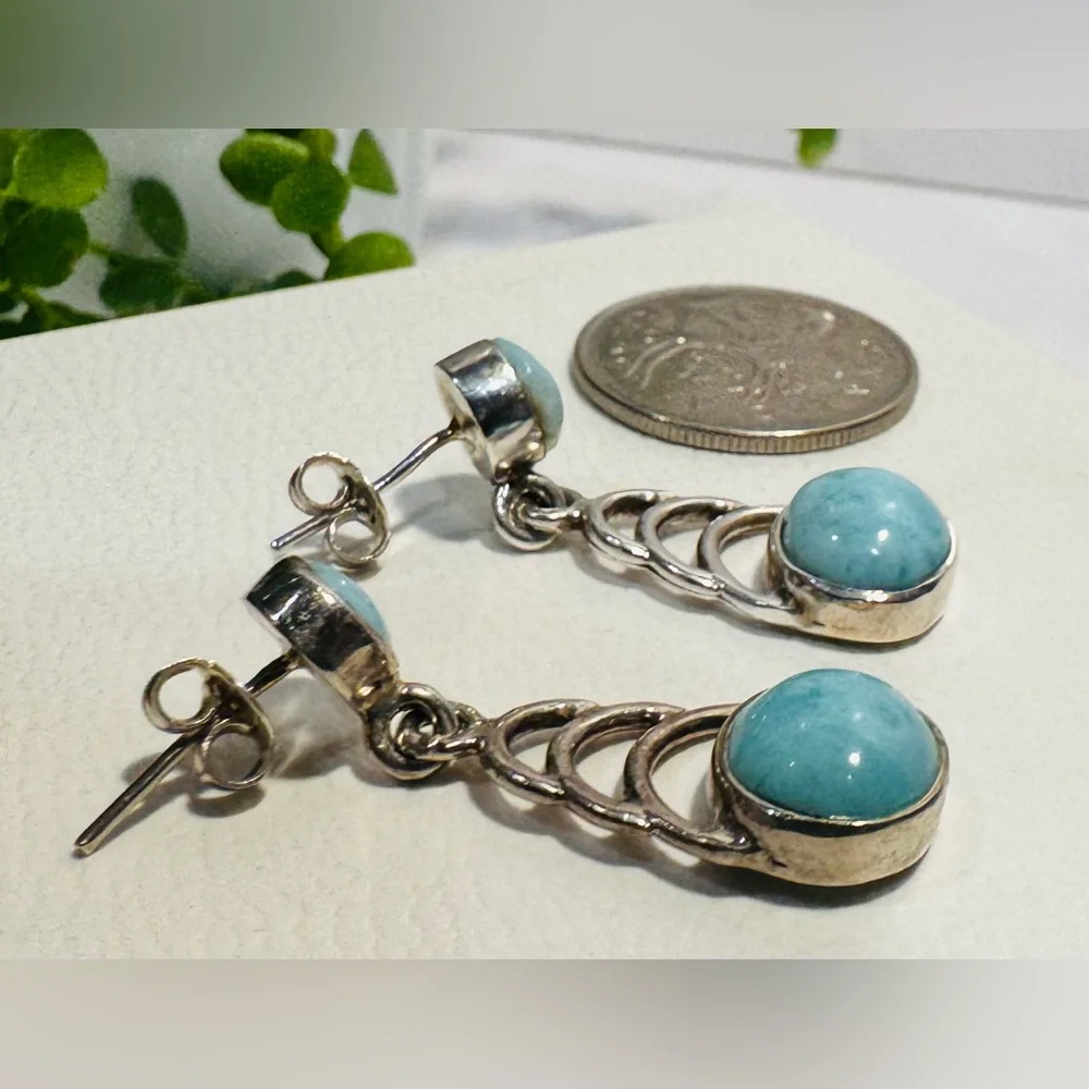 Sterling Silver 925 Larimar Drop Dangle Earrings - Picture 5 of 11